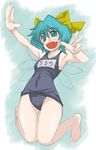  armpits bad_id bad_pixiv_id barefoot bow cirno fang feet flat_chest hands name_tag one-piece_swimsuit school_swimsuit smile solo swimsuit touhou uousa-ou 