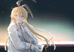  1girl alternate_costume aruka blonde_hair blue_eyes coat hair_between_eyes hands_in_pockets horizon kantai_collection long_hair long_sleeves looking_at_viewer outdoors shimakaze_(kancolle) sky solo star_(sky) starry_sky very_long_hair white_coat 