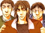  artist_request brown_eyes brown_hair closed_mouth collar crazy_eyes expressionless glasses itou_kaiji jacket kaiji long_sleeves looking_at_viewer lowres mamoru_andou multiple_boys rimless_eyewear shirt simple_background smile t-shirt takeshi_furuhata upper_body white_background wide-eyed 