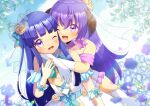  2girls ;d bare_shoulders blue_flower blurry blurry_background blurry_foreground blush choker collarbone commentary_request commission depth_of_field dress elbow_gloves flower frilled_dress frills furude_rika gloves hanyuu higurashi_no_naku_koro_ni horns hug hug_from_behind kou_hiyoyo long_hair multiple_girls one_eye_closed pink_choker purple_eyes purple_flower purple_hair see-through skeb_commission sleeveless sleeveless_dress smile veil very_long_hair white_dress white_gloves 