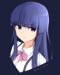  1girl blue_background blue_hair blunt_bangs collared_shirt commentary furude_rika highres higurashi_no_naku_koro_ni hime_cut long_hair neck_ribbon parted_lips pink_ribbon portrait purple_eyes ribbon rin_(jirutt_suktawee) shirt simple_background solo straight_hair suspenders twitter_username white_shirt 