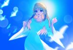  1girl backlighting bird blonde_hair blue_eyes blue_sky blurry bokeh depth_of_field dress flock highres long_hair looking_at_viewer open_mouth princess_zelda relen sky solo sun sunlight the_legend_of_zelda white_dress 