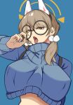  1girl animal_ears blue_archive blue_background blue_sweater breasts brown_eyes brown_hair glasses guutara_(guutara47) hand_up highres large_breasts looking_at_viewer moe_(blue_archive) rabbit_ears simple_background solo sweater tongue tongue_out upper_body 