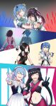  2girls azki_(1st_costume)_(hololive) azki_(2nd_costume)_(hololive) azki_(3rd_costume)_(hololive) azki_(4th_costume)_(hololive) azki_(hololive) beret black_gloves black_hair blue_eyes blue_hair blue_nails bracelet closed_eyes colored_inner_hair crying facial_mark gloves grin hat highres holding_hands hololive hololive_idol_uniform hololive_idol_uniform_(bright) hoshimachi_suisei hoshimachi_suisei_(1st_costume) hoshimachi_suisei_(old_design) jewelry microphone microphone_stand multicolored_hair multiple_girls navel pink_hair plaid sebas_murasaki side_ponytail smile v virtual_youtuber white_gloves 