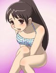  artist_request black_hair blush bra embarrassed kekkaishi lingerie long_hair lowres no_panties oekaki open_mouth ponytail red_eyes sitting solo underwear yukimura_tokine 