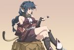  animal_ears bare_legs bare_shoulders beige_background black_hair black_legwear breasts collar crossed_legs dog_ears dress full_body karura_(utawareru_mono) kneehighs large_breasts metal_collar red_dress short_hair shorts simple_background sitting solo thighs utawareru_mono yomi_(indigoriver) 