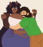 anthro beard belly big_breasts black_hair black_nose blue_bottomwear blue_clothing blue_pants bottomwear breast_squish breasts brown_body brown_fur canid canine canis clothing curvy_figure denim duo eyebrows eyes_closed face_between_breasts facial_hair female fenrie_(fenrir_brown) fenrir_brown fur green_clothing green_eyes green_shirt green_topwear hair happy hi_res hug huge_breasts human male mammal overweight overweight_female pants red_eyes shirt smile squish tail thick_eyebrows thick_thighs topwear voluptuous white_clothing white_shirt white_topwear wide_hips wolf