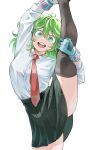 1girl :d absurdres arm_up black_skirt black_thighhighs blue_gloves boku_no_hero_academia commentary_request fengling_(furin-jp) gloves green_eyes green_hair grey_thighhighs hagakure_tooru hand_up highres leg_up long_hair looking_at_viewer miniskirt necktie open_mouth pleated_skirt red_necktie simple_background skirt smile solo split standing standing_on_one_leg standing_split teeth thighhighs upper_teeth_only white_background 