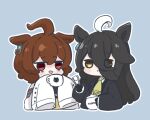  2girls :&lt; agnes_tachyon_(umamusume) ahoge animal_ears black_gloves black_hair black_jacket black_sweater blush_stickers brown_eyes brown_hair closed_mouth collared_shirt commentary cropped_torso cup eyes_visible_through_hair gloves hair_between_eyes highres holding holding_cup horse_ears jacket lab_coat manhattan_cafe_(umamusume) multiple_girls nozo_(hitomiz) open_clothes open_jacket outline parted_lips red_eyes shirt sleeves_past_fingers sleeves_past_wrists smile sugar_cube sweater tongs tongue tongue_out triangle_mouth umamusume upper_body white_hair white_outline white_shirt 