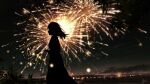  1girl absurdres city_lights cloud dark feet_out_of_frame fireworks floating_hair from_side highres holding_fireworks long_hair mountainous_horizon night night_sky original outdoors plant profile scenery signature silhouette sky skyrick9413 solo sparkler 