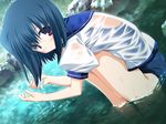  bath black_hair blush hagiwara_onsen highres izumi_rikka nature no_pants one-piece_swimsuit outdoors primitive_link red_eyes school_swimsuit school_uniform see-through short_hair solo squatting swimsuit swimsuit_under_clothes wading water wet wet_clothes 