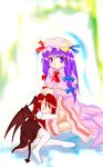  artist_request black_skirt blue_ribbon blush capelet crescent crescent_hair_ornament dress hair_ornament hair_ribbon hat head_wings koakuma long_hair looking_at_viewer mob_cap multiple_girls patchouli_knowledge purple_eyes red_hair red_ribbon ribbon sitting skirt thighhighs touhou tress_ribbon white_background white_legwear wings 