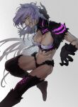  1girl absurdres angry animal_ears atalanta_(fate) atalanta_alter_(fate) black_collar black_fur body_fur breasts cat_ears cat_girl chain claws cleavage clenched_teeth collar dark-skinned_female dark_skin fate/apocrypha fate/grand_order fate_(series) from_side glowing glowing_eyes gradient_background green_eyes grey_background highres long_hair looking_ahead medium_breasts midriff muscular muscular_female navel outstretched_arms purple_hair slit_pupils solo spread_arms standing standing_on_one_leg teeth thighs tonko_from very_long_hair white_background 
