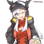  1girl ;d alonemistrist black_jacket blue_eyes breasts cleavage cleavage_cutout clothing_cutout dragalia_lost gloves ilia_(dragalia_lost) jacket long_hair long_sleeves looking_at_viewer official_alternate_costume one_eye_closed open_mouth sidelocks smile solo upper_body white_background white_gloves white_hair 