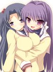  artist_request breasts clannad fujibayashi_kyou hair_intakes hikarizaka_private_high_school_uniform ichinose_kotomi large_breasts long_hair multiple_girls purple_eyes purple_hair school_uniform two_side_up 