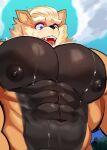 abs absurd_res anthro arcanine big_pecs black_body black_fur blue_eyes canid canine fur generation_1_pokemon hair hi_res low-angle_view male mammal manyu muscular muscular_anthro muscular_male nintendo nipples nude orange_body orange_fur pecs pokemon pokemon_(species) solo