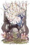  &gt;_&lt; :d antlers blue_eyes border cherrim cherrim_(sunshine) cherubi commentary_request deer forest highres homilmugi horns korean_commentary nature no_humans on_grass outside_border pokemon pokemon_(creature) red_eyes shadow smile tree white_border xd xerneas 