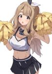  1girl black_skirt blunt_bangs blush bow bowtie breasts brown_eyes brown_hair cheerleader chestnut_mouth cowboy_shot dot_nose ebifu forehead hair_ribbon highres idolmaster idolmaster_million_live! idolmaster_million_live!_theater_days large_breasts long_hair looking_at_viewer miyao_miya navel parted_bangs pleated_skirt pom_pom_(cheerleading) ribbon skirt solo tank_top thick_eyebrows very_long_hair wavy_hair white_tank_top 