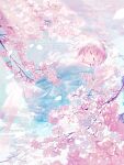  1girl artist_name blue_dress branch breasts cherry_blossoms closed_eyes closed_mouth commission dress flower hand_on_own_stomach highres long_hair lying off_shoulder on_back original partially_submerged petals pink_flower pink_hair sabaumako smile solo twitter_username water watermark 