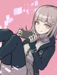  1girl black_jacket black_shirt black_thighhighs brown_hair brown_skirt collared_shirt danganronpa_(series) danganronpa_2:_goodbye_despair dress_shirt enoshima_junko galaga grey_shirt handheld_game_console highres holding holding_handheld_game_console jacket kamo_(kamo1289) medium_hair miniskirt nanami_chiaki nintendo_switch open_clothes open_jacket pink_background pleated_skirt shirt skirt smile solo thighhighs two-tone_shirt 