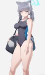  1girl absurdres animal_ear_fluff animal_ears bag black_one-piece_swimsuit blue_archive blue_eyes breasts competition_swimsuit covered_navel cross_hair_ornament domiansfw extra_ears feet_out_of_frame grey_hair hair_ornament halo highres low_ponytail medium_breasts medium_hair mismatched_pupils multicolored_clothes multicolored_swimsuit official_alternate_costume one-piece_swimsuit shiroko_(blue_archive) shiroko_(swimsuit)_(blue_archive) simple_background solo swimsuit thick_thighs thighs white_background wolf_ears 