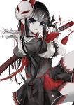  1girl absurdres black_hair black_serafuku black_shirt black_skirt blunt_bangs bug butterfly fox_mask grey_eyes hair_in_own_mouth hair_ornament highres holding holding_sword holding_weapon kagerou_4253 katana long_hair looking_at_viewer mask mask_on_head multicolored_hair nail_polish original pale_skin pleated_skirt red_hair red_nails sailor_collar school_uniform serafuku sheath sheathed shirt short_sleeves simple_background skirt solo sword thighs weapon white_background 