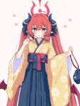  1girl ahoge black_hakama blue_archive blush demon_wings food hakama halo highres holding holding_food japanese_clothes junko_(blue_archive) junko_(new_year)_(blue_archive) kimono long_hair long_sleeves official_alternate_costume open_mouth pointy_ears red_eyes red_hair red_halo red_wings sateto_(user_knrf2332) solo wide_sleeves wings yellow_kimono 