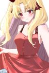  1girl alternate_costume blonde_hair blush check_commentary clothes_lift commentary commentary_request dress ereshkigal_(fate) fate/grand_order fate_(series) hair_ribbon highres kaimu0930 looking_at_viewer parted_bangs red_dress red_eyes red_ribbon ribbon simple_background skirt skirt_lift smile solo twintails white_background 
