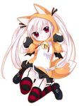  animal_ears animal_hood bell cat_hood fox_ears fox_tail hair_through_headwear hood hoodie kooh lingerie looking_at_viewer namori pangya panties paw_pose pink_hair red_eyes solo striped striped_legwear striped_panties tail thighhighs underwear white_hair 