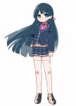  1girl arm_at_side black_hair black_jacket black_skirt blazer blue_eyes blush bow bowtie closed_mouth floating_hair full_body grey_footwear hair_ribbon hand_on_own_hip jacket loafers long_hair long_sleeves looking_at_viewer miniskirt naka_(buttergirl_02) nijisanji pink_bow pink_bowtie pink_ribbon plaid plaid_skirt pleated_skirt ribbon school_uniform shoes sidelocks simple_background skirt smile solo straight_hair thighhighs tsukino_mito v-shaped_eyebrows virtual_youtuber white_background white_thighhighs zettai_ryouiki 