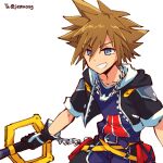  1boy alonemistrist belt black_gloves blue_eyes brown_hair chain_necklace cropped_jacket gloves hair_between_eyes jacket jewelry keyblade kingdom_hearts kingdom_hearts_3d_dream_drop_distance male_focus necklace open_clothes open_jacket short_sleeves smile solo sora_(kingdom_hearts) spiked_hair teeth upper_body white_background 
