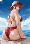  1girl alternate_costume ass bare_back bare_shoulders bikini blue_sky breasts chainsaw_man cloud cloudy_sky commentary_request easonx from_behind hat highres large_breasts makima_(chainsaw_man) medium_hair nape outdoors pool poolside red_bikini red_hair sky solo sun_hat swimsuit water wet 