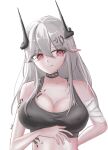  1girl absurdres arknights black_choker black_horns breasts choker earrings grey_hair hair_between_eyes hair_ornament hairclip highres horns jewelry large_breasts long_hair mudrock_(arknights) pointy_ears red_eyes ryze_(7544) simple_background sports_bra white_background white_hair 