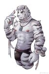  1boy abs absurdres animal_ears arknights bara bulge cropped_legs facial_hair furry furry_male goatee hand_up highres jockstrap large_hands looking_at_viewer male_underwear mountain_(arknights) muscular muscular_male neckace nipples pectorals scar scar_across_eye short_hair solo thick_eyebrows tiger_boy tiger_ears topless_male underwear white_fur white_hair yu_zhu_qwq 