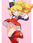  1girl absurdres animalmaster blonde_hair bow bowtie capcom frills green_eyes green_ribbon highres mega_man_(series) one_eye_closed panties red_bow red_bowtie red_skirt ribbon roll_(mega_man) skirt smile underwear white_panties 