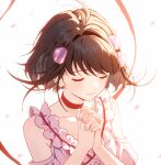  1girl black_hair choker closed_eyes dress hair_ornament highres interlocked_fingers lyra-kotto own_hands_together petals pink_dress praying reala_(tales) red_choker short_hair solo tales_of_(series) tales_of_destiny_2 upper_body white_background 