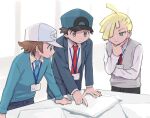  3boys adapted_costume ahoge alternate_costume baseball_cap blonde_hair brown_eyes brown_hair collared_shirt ear_piercing gladion_(pokemon) green_eyes hand_on_own_chin hat hilbert_(pokemon) id_card male_focus multiple_boys necktie piercing pointing pokemon pokemon_masters_ex pumpkinpan red_(pokemon) shirt 