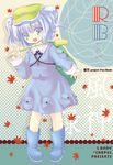  23_(candy_chapus) :d aqua_eyes autumn_leaves backpack bag bangs blue_hair blush boots cattail copyright_name cover cover_page doujin_cover flat_chest frills halftone halftone_background hat holding kawashiro_nitori key leaf long_sleeves looking_at_viewer open_mouth plant pocket short_hair skirt smile solo standing touhou two_side_up 