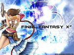  belt black_shorts brown_hair closed_eyes copyright_name dual_wielding final_fantasy final_fantasy_x final_fantasy_x-2 gun holding shorts skirt solo wallpaper watermark weapon web_address yuna_(ff10) zoom_layer 