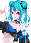  1girl absurdres aqua_hair black_choker chinese_text choker commentary double_bun earrings goma_irasuto hair_bun highres jewelry looking_at_viewer original pink_hair signature simple_background simplified_chinese_text sky smile solo 