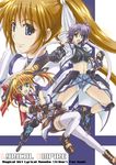  bad_anatomy cross_mirage dual_wielding gun holding inline_skates lyrical_nanoha mach_caliber magical_girl mahou_shoujo_lyrical_nanoha_strikers multiple_girls narendo revolver_knuckle roller_skates skates subaru_nakajima takamachi_nanoha teana_lanster thighhighs twintails weapon 