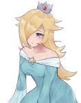  1girl bare_shoulders blonde_hair blue_dress blue_eyes breasts commentary crown dress highres long_hair long_sleeves mario_(series) medium_breasts mini_crown off-shoulder_dress off_shoulder parted_lips purrlucii rosalina simple_background solo upper_body very_long_hair white_background 