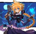  1boy armor azure_striker_gunvolt azure_striker_gunvolt_2 blonde_hair blue_coat blue_eyes braid braided_ponytail breastplate bug butterfly coat cowboy_shot dakusuta electricity full_moon glowing_butterfly gun gunvolt hair_between_eyes highres holding holding_gun holding_weapon long_hair looking_at_viewer moon solo spiked_hair upper_body weapon 