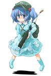  blue_eyes blue_hair gun hair_bobbles hair_ornament kawashiro_nitori mamo_williams solo touhou two_side_up weapon 