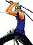  absurdres highres katana male_focus mouth_hold one_piece roronoa_zoro solo sword triple_wielding vector_trace weapon white_background 