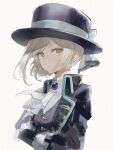 1girl :&lt; ascot black_coat black_headwear black_vest blue_bow boater_hat bow coat collared_shirt floating_hair grey_eyes grey_hair hair_bun hat hat_bow highres long_sleeves looking_at_viewer looking_to_the_side reverse:1999 shirt short_hair single_side_bun solo takummui upper_body vertin_(reverse:1999) vest waistcoat white_ascot white_background white_shirt 