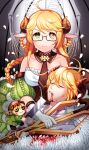  1boy 1girl animal_ears arpiel blonde_hair braid breasts cecil_(arpiel) glasses heterochromia highres horns large_breasts roul scissors sheep_ears sheep_girl sheep_horns 