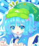  23_(candy_chapus) aqua_eyes aqua_hair backpack bag blush_stickers hair_bobbles hair_ornament happy hat kawashiro_nitori leaf looking_at_viewer open_mouth pocket solo touhou two_side_up 