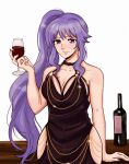  1girl absurdres alcohol black_dress bottle commission commissioner_upload cup dress drinking_glass fire_emblem highres holding holding_cup hunnymzdraws ishtar_(fire_emblem) jewelry long_hair purple_eyes purple_hair side_ponytail table wine wine_bottle wine_glass 