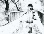  1girl 1other absurdres arm_at_side breath bridge covered_mouth dead_dead_demons_de_dedede_destruction floating_hair forest full_body greyscale hair_between_eyes highres hos1_i kneehighs legs_together loafers long_hair looking_at_viewer miniskirt monochrome nakagawa_ouran nature outdoors pleated_skirt scarf scenery school_uniform shoes sidelocks skirt sleeves_past_wrists snow snowing socks striped_clothes striped_scarf sweater thick_eyebrows tree twintails v-neck 